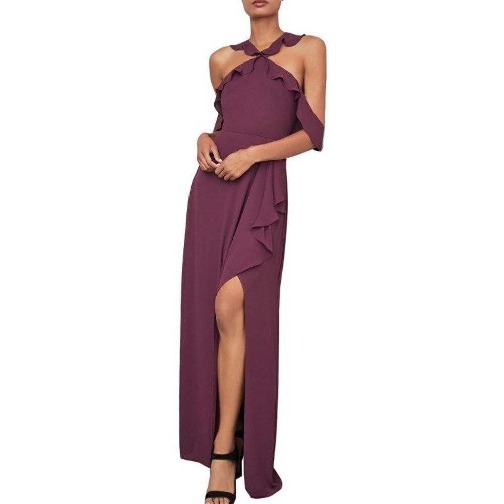 BCBGMAXAZRIA Sleeveless Cold-Shoulder Ruffle-Trimmed Maxi Dress Burgundy 6